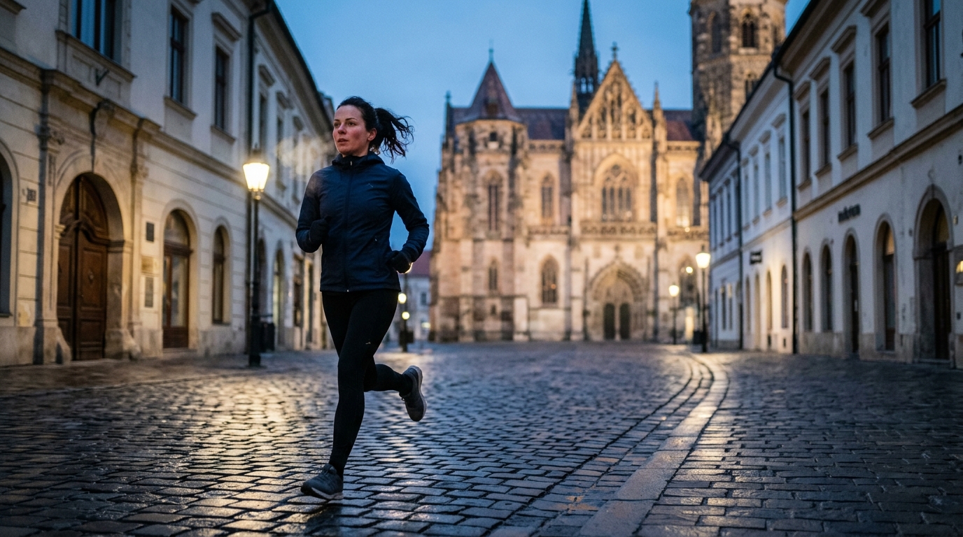 Bežkyňa na úsvite na cobblestone uliciach historického centra Košíc, ranná modré svetlo.